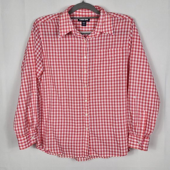 Lands' End Cotton and Linen Checkered Roll Tab Sleeve Top Size 10/12 - Picture 1 of 5